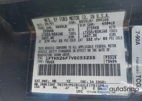 1997 Ford F-250 Xl from USA, damaged, VIN 1FTHX26F7VEC53235